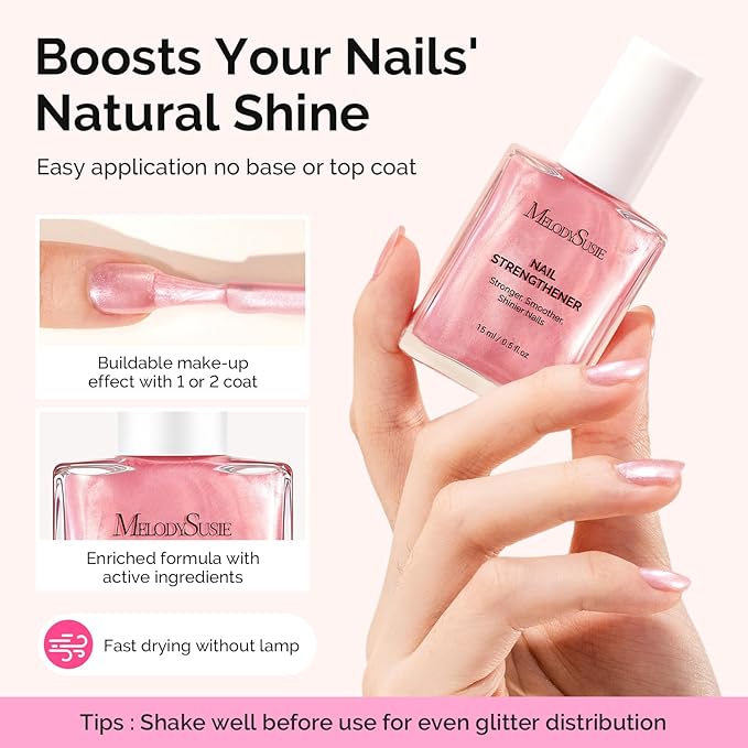 MelodySusie Nail Strengthener and Growth Treatment, 2-in-1 Ridge Filling Base Coat & Glossy Concealer Polish for Damaged Nail Repair and Healthy Shine,Gifts for Women Deep Sparkling Pink