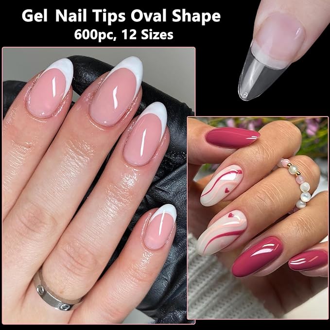 LoveOurHome 600pc Gel Nail Tips Clear Oval Almond Fake Nails Full Cover Artificial False Fingernails for Gel Manicure Extension/Acrylic Nail Design Press on Nail Making