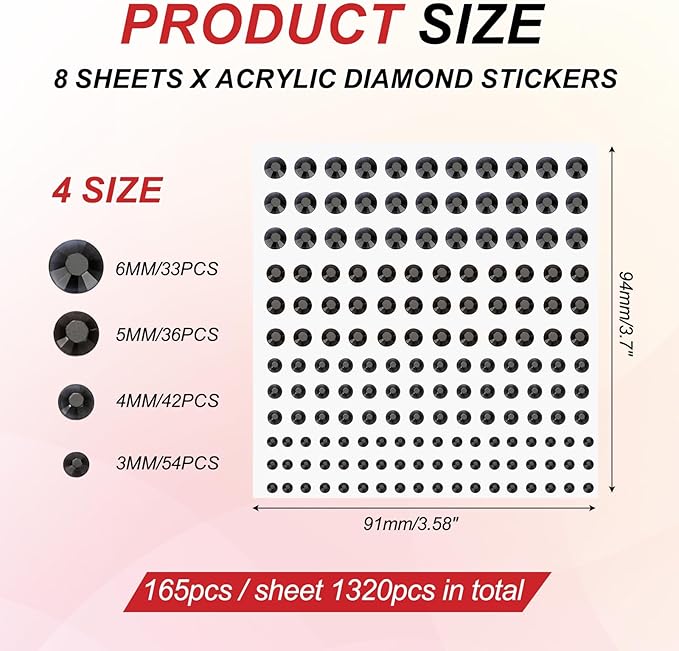 PATIKIL 1320 Pcs Acrylic Gem Sticker, 4 Size 3/4/5/6mm Self Adhesive Rhinestones Face Gem Stones Bling Jewelry for Nail Art Craft Clothes DIY Makeup Decoration Party, Black