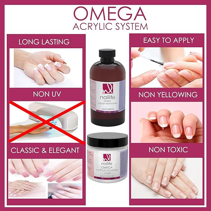 Omega – Professional Acrylic Powder for Nail Extension System, Extra Adhesion, Resistant, EMA Formula and Non-Yellowing Effect – Clear (16 Oz.)