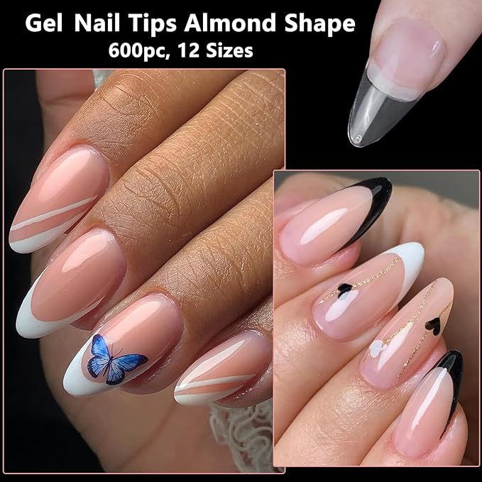 LoveOurHome 600pc Almond Nail Tips Medium Fake Nails Clear Press on Nail Almond Full Cover Short Stiletto Soft Gel Nails Tip Medium Artificial False Fingernails for Gel Acrylic Nail Extension