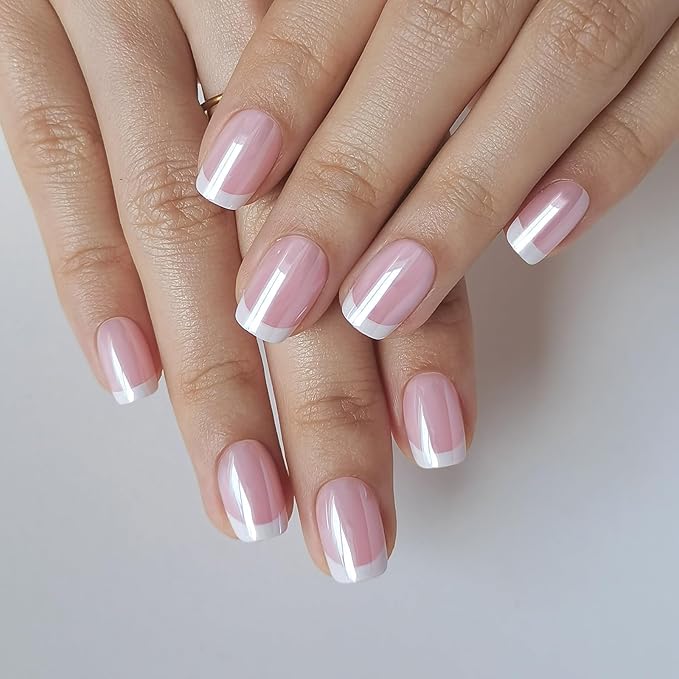White Chrome French Tip Press on Nails Short - SHANGMENG Soft Gel Press on Nails Square for Women Gift, Glossy Glue on Nails in 16 Sizes - 32 Reusable Fake Nails Kit with Glue, Aurora French