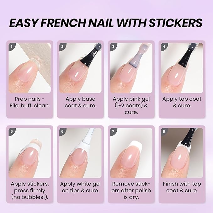 Beetles French Tip Gel Polish Set - Spring White Pink Gel Nail Polish Set Soak Off UV LED with 2 Styles Classic French Nail Art Sticker Sheets Manicure DIY Home Salon Gifts for Women Pure French