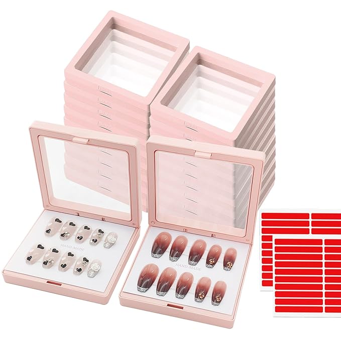 Press On Nail Packaging Boxes - 3D Floating Storage and Display Box With 60pcs Double Sided Adhesive Tape for Nail Tech (Pink, 3.5 Inch)