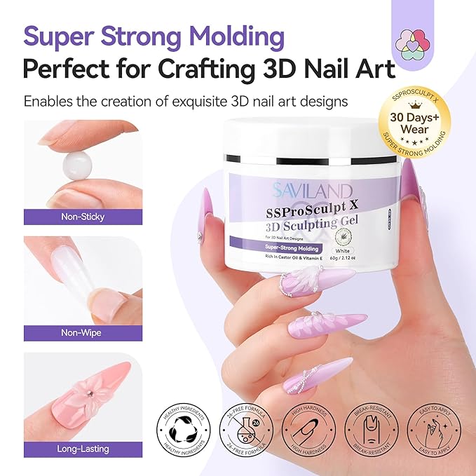 SAVILAND 60 g 3D Nail Gel: Strong Molding 3D Gel Nail Art Sculpture White Sculpting Gels No Wipe for Extension Non Sticky Gels Builder 3D DIY At Home Gift Set