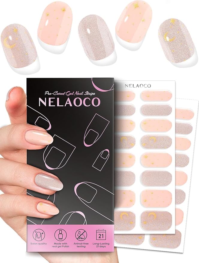 Nail Polish Strips – 32PCS UV Free Salon Quality Wraps, Long Lasting Gel Nail Stickers for Women (Moon Stars Pink)
