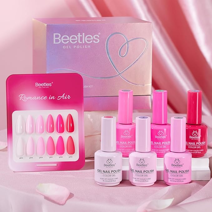 beetles Valentines Pink Gel Polish Set - Romance in Air Collection, 15Ml Bright Neon Light Hot Pink Spring Colors Soak Off Gel Polish Kit Nail Art Manicure Salon DIY at Home