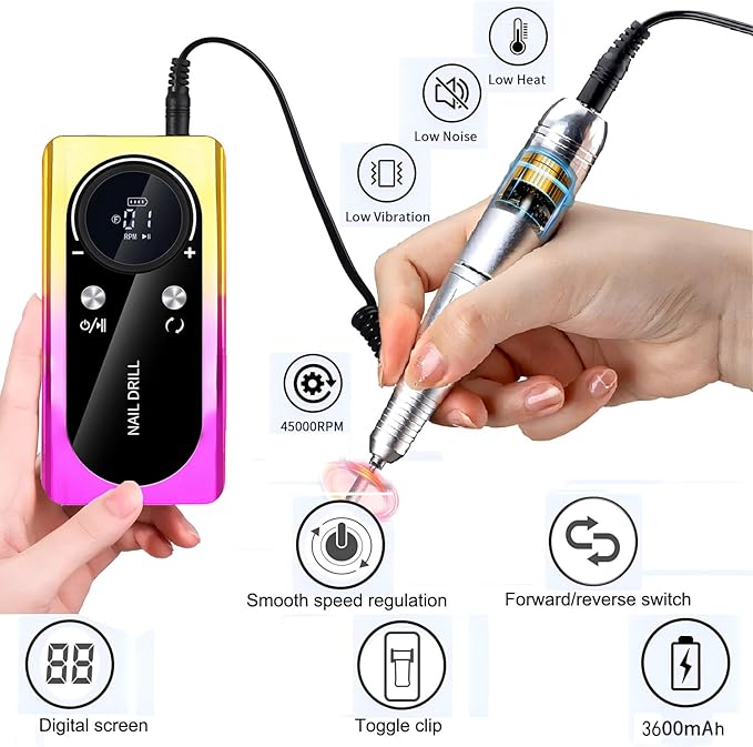 Electric 45000RPM Nail Drill Machine Rechargeable Portable Nail File Electric DIY Nail Drill Kit with Smart LCD Screen for Gel Nail Manicure and Pedicure Reflective Body etc(Multicolor)