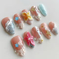 Luxury Press on Nails Medium Almond Handmade 3D Unique Reusable ABS Material Fake Nails Beach French Tip False Nails with Designs Pearls Floral Art Petal Glossy Glue on Thick Acrylic Nails(M)