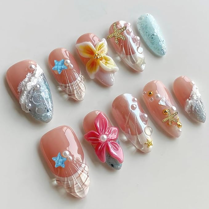 Luxury Press on Nails Medium Almond Handmade 3D Unique Reusable ABS Material Fake Nails Beach French Tip False Nails with Designs Pearls Floral Art Petal Glossy Glue on Thick Acrylic Nails(M)