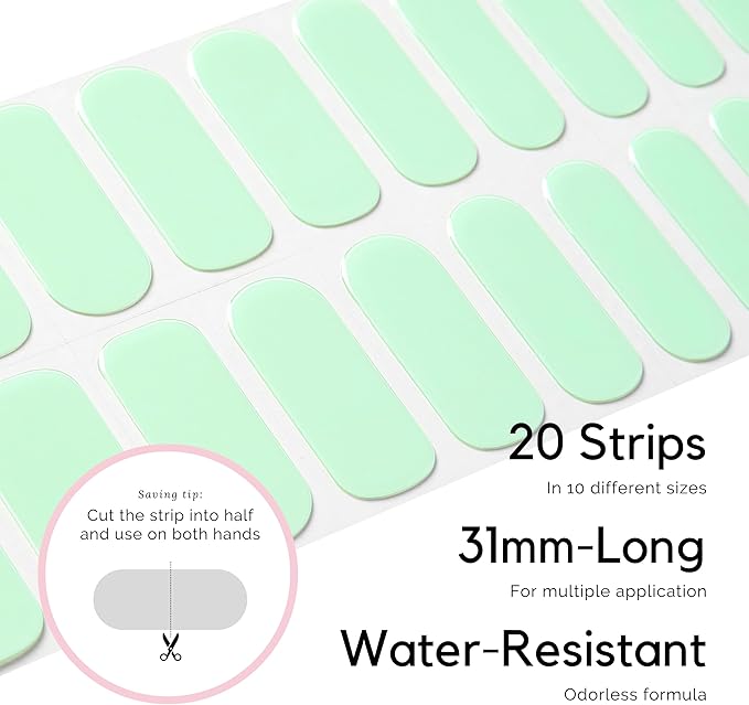 Semi Cured Gel Nail Strips - NAILOG 20 Pcs Green Nail Stickers Extra Long Wraps with Glossy Gel Finishing for Spring Summer, Pastel Mint