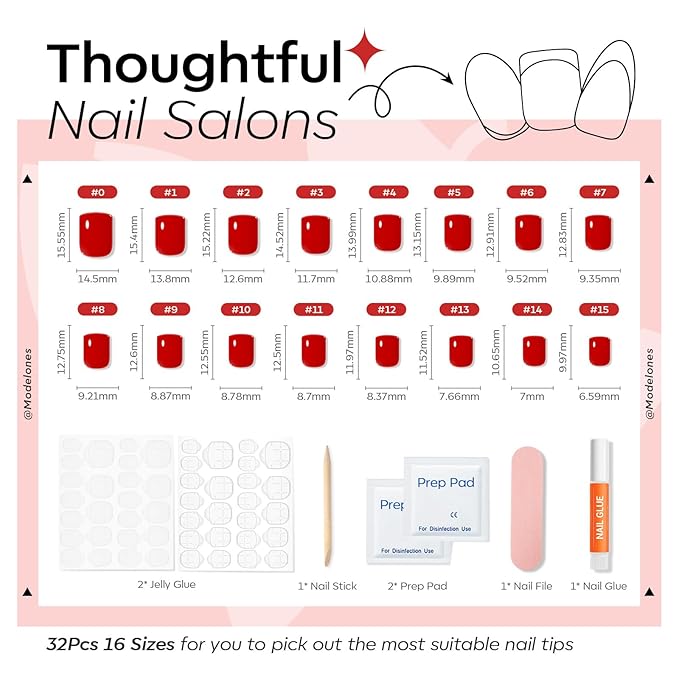 Modelones Extra Short Press on Nails, Red Squoval Fake Nails, Reusable Nail Kit with Nail Glue Adhesive Tabs Mini Nail File, Nails Press Ons 32Pcs 12 Sizes, Spring Women Girl Gift