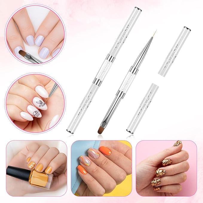 Dual-Ended Nail Art Brushes, 2 PCS Hard Gel Nail Brushes French Tip Nail Liner Brush Builder Gel Brushes Nail Drawing Brushes with Rhinestone Handle French Manicure Design Brushes for Nail Art Design