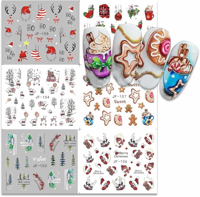 12 Sheets Christmas Nail Art Sticker Santa Claus Water Transfer Nail Decals Holiday Nail Decoration Winter Nail Stickers Christmas 3D Self Adhesive Nail Art Supplies for Women