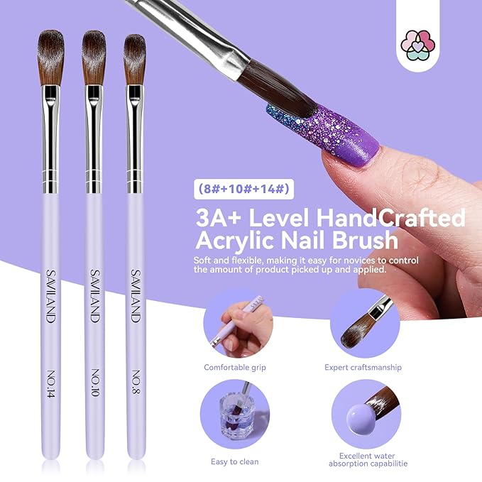SAVILAND Acrylic Nail Tips with Acrylic Nail Brush: 10 Sizes Half Cover French Nails Tips Manicure Brush Size 8/10/14 for Acrylic Powder Nail Kit with Box Art At Home DIY