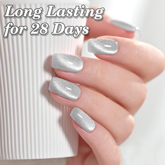 EBANKU Cat Eye Gel Polish with Magnet 15ML 0.5 OZ Holographic Glitter Shimmer Translucent Jelly Color Magnetic Polish Salon DIY at Home (Silver)