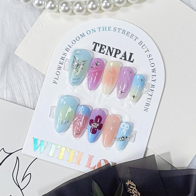 Spring Summer Bright Colorful Press on Nails Almond Acrylic Nails Press Ons with Hand-painted Designs Butterfly Stars Flower Full Cover Glossy Glue on Nails 10pcs/box Cute Almond Nails(XS)