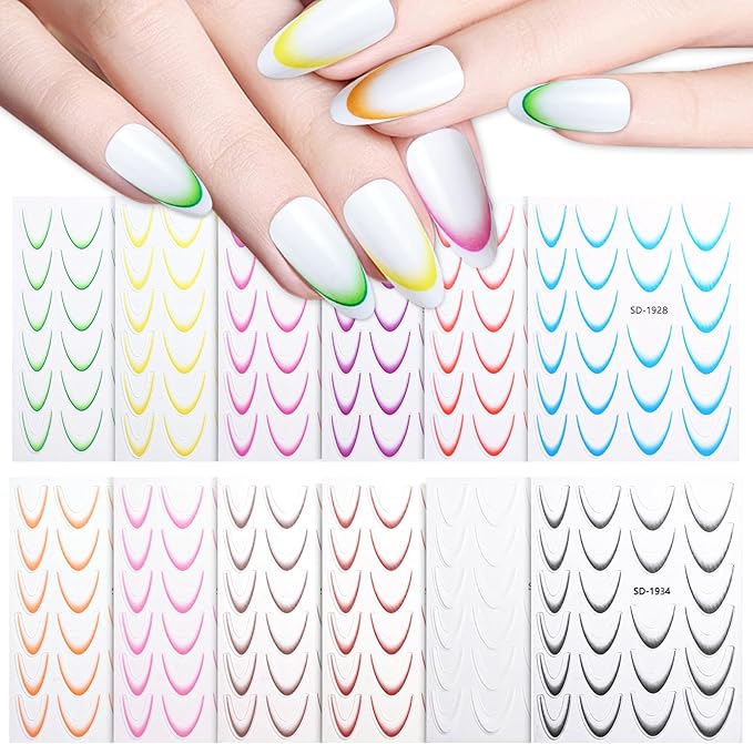 12 Sheets French Tip Nail Stickers for Gradient French Line Nail Art Stickers, Color Wave Stripe Nail Decals Self Adhesive Nail Tips Guides Stripe Lines Sliders for Women Girls Nail Decoration 807-3
