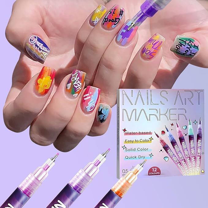 12 Colors Nail Art Pens Set, Nail Art Polish Pen for 3D Nail Art, Drawing Painting Liner Brush for DIY Nail Art Beauty Adorn Manicure Tools (1 Sets)