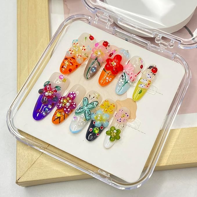 Handmade Press on Nails Colorful Flower Press on Nails Rhinestones Acrylic Nails Glossy Flower False Nails Desigsns Medium Almond Fake Nails for Women Girls DIY Manicure Decorations (Size S)