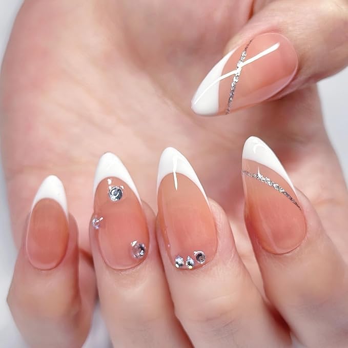 Press On Nails Medium Almond Pink-Nude with White French Tip & Silver Glitter| Reusable Soft Gel Nails in 12 Sizes-24 Nail & Kit with Glue|Designed in L.A,Hand Painted in Vietnam|Elegant Glint
