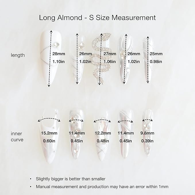 Luxury Long Almond Press-On Nails, White and Silver Rhinestone Design, 3D Snake Pattern with Pearl Accents, Handmade False Nail 10 Pieces (Small, LS)