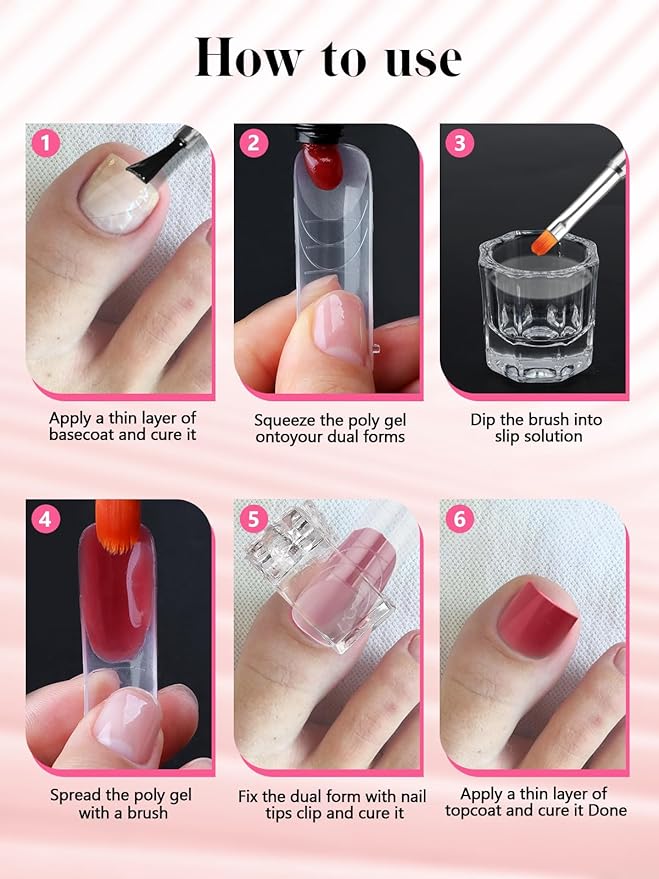 EBANKU Poly Gel Nail Forms Kit for Toes - 150PCS Reusable Dual Toenail Forms for Builder Gel, Toe Nail Kit with 2.5oz Slip Solution, Brush, File, 5PCS Clips - 15 Sizes