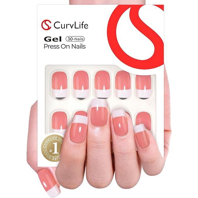 Curvlife Soft Gel Press on Nail, French Fake Nails with Design Full Cover for Women Reusable Nail Kit with Nail Glue Adhesive Tabs Nail File