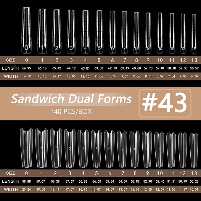 140Pcs Long Coffin Sandwich Nail Forms Kit for Beginners Professional, 70 Pairs Dual Form Nail Molds for Poly Builder Gel Quick Extension, No Paper Forms Needed