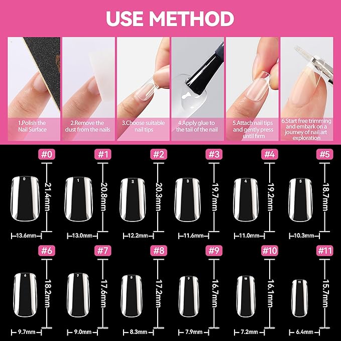 UNA GELLA Short Square Nail Tips 216pcs Short Square Gel Tips 12 Sizes Press On Nails Full Cover Clear Fake Nails Extension for Home DIY Nail Salon