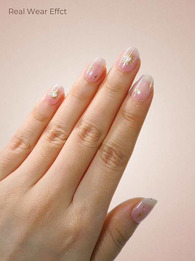 Real Gel Nail Strips (No UV Light Needed) - 44Pcs Salon Quality Nail Stickers - Long Lasting Polish Wraps for Women, Easy Apply & Remove (Satin Line Pink)