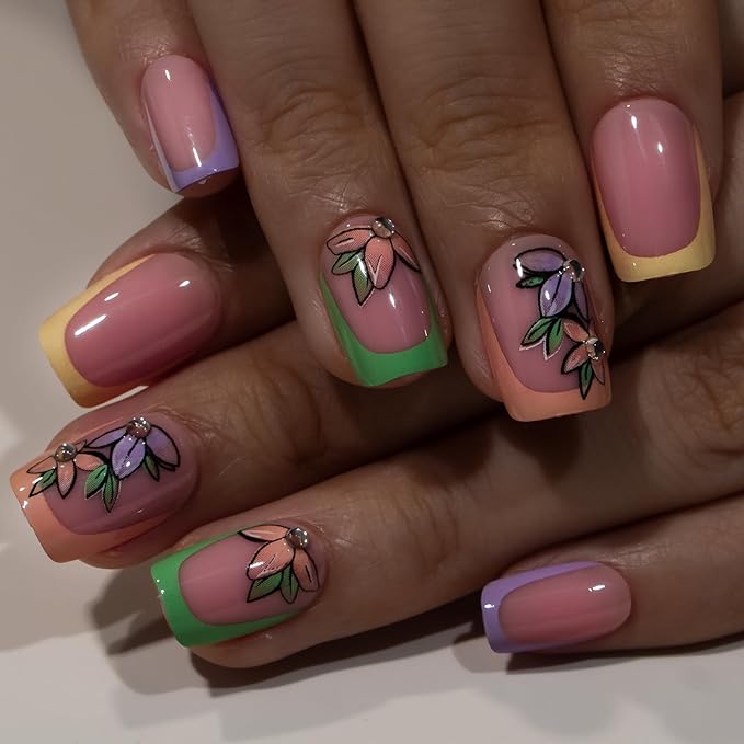 Curvlife Press on Nails Acrylic Fake Nails with Rainbow Flower French Design Full Cover False Nails Reusable Nail Kit with Glue on Nails Tips