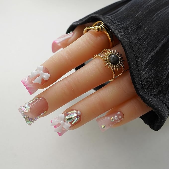 10pcs Handmade Press on Nails Medium Duck Curve Shape – 3D Floral Mushroom Jelly Shell Bow Cherry Chrome Bling Thick Reusable Fake Nails,Boho Y2K Aesthetic Accessories (pink, M)