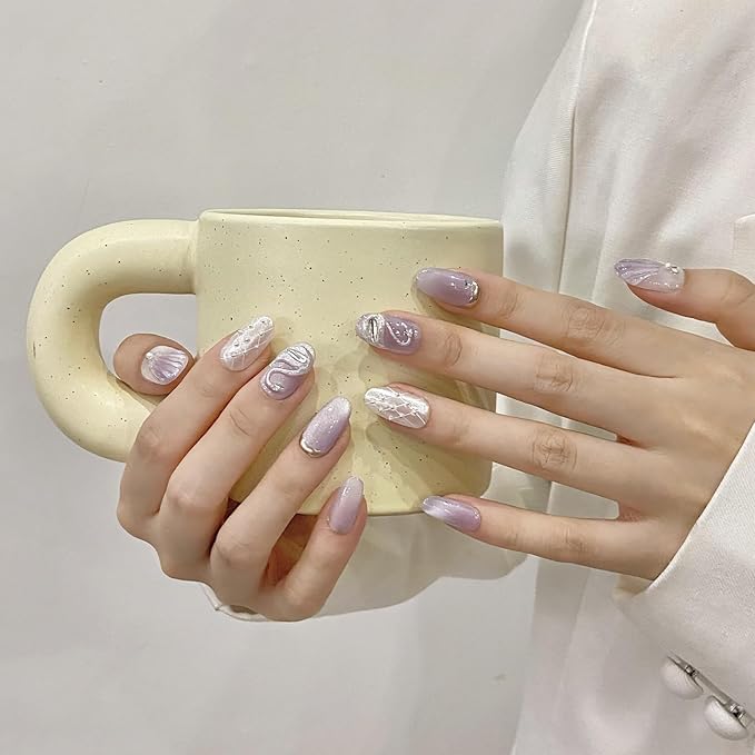 Handmade Press on Nails,Reusable False nails,Acrylic Fake Nails Kit,Luxury glitter pearl purple white silver rhinestone Design Nail Art Kit,Include Toolkit,10pcs,Size L，#1991