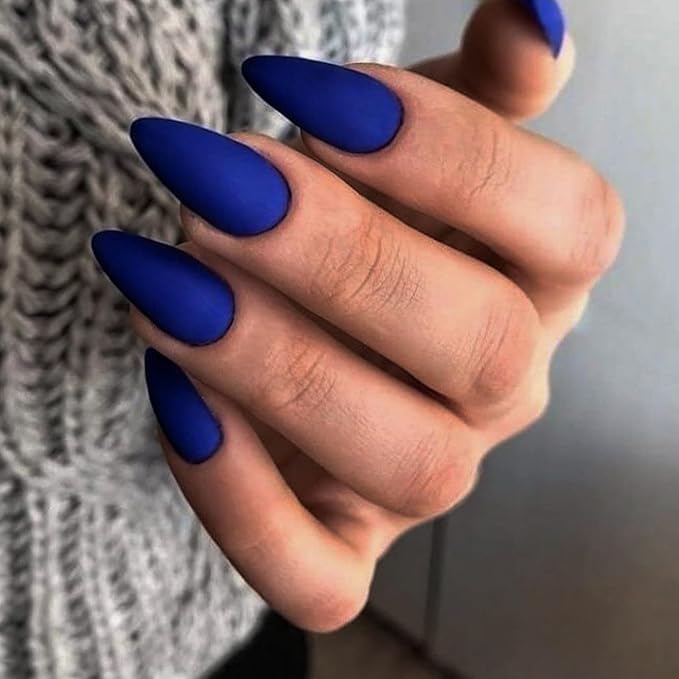 Matte Royal Blue Press on Nails Almond Shaped Medium Almond Nails Press on Neutral Acrylic Nails Reusable Fake Nails for Women Glue on Nails Medium Length Stiletto False Nails Gel Artificial Nails