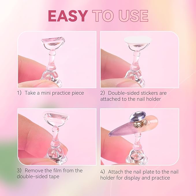 Nail Stand for Press On Nails Art Display Practice 2 Sets, 1 Heart Shaped Acrylic Magnetic Nail Stands, Fake Nail Holder Tips With 200 PCS Double-Sided Tape, Nail Kit Home DIY Salon Supplies