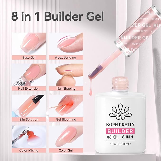 Born Pretty Builder Gel for Nails, 8-in-1 Milky Nude Natural Clear Builder Nail Gel for Apex and Extension Strengthener, Nail GLue Hard Gel Base Rhinestone Glue in a Bottle 15ml