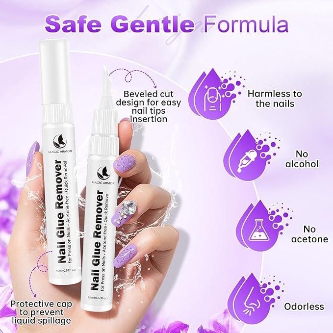 2PCS 15ml Pinpoint Nail Glue Remover for Press on Nails, Acetone-Free Odorless Formula Gentle Remover, 2 IN 1 Design Refillable Nail Polish Remover Pen