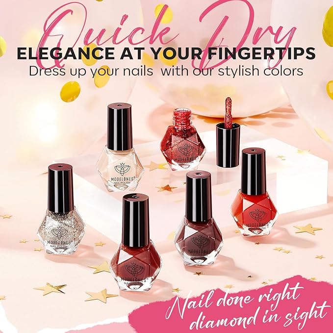 modelones Red Nail Polish Set 6 Colors,Valentines Brwon Nude Burgundy Gold Glitter Quick Dry Sparkle Mini Manicure Kit DIY Nail Art Salon Home Gifts for Women Girls