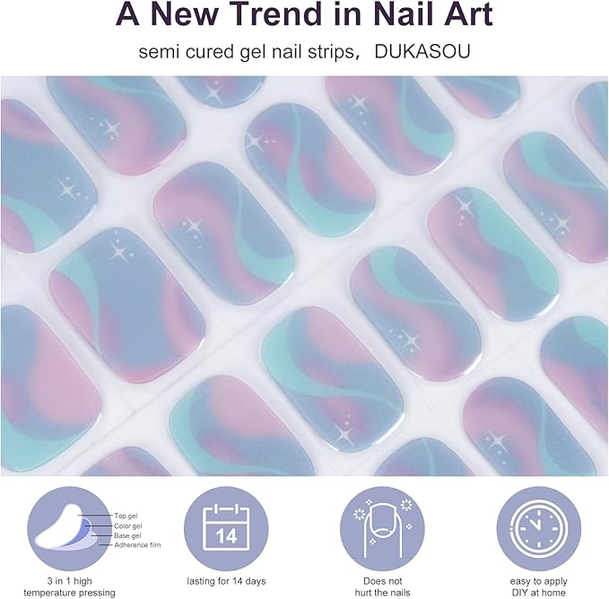 Semi Cured Gel Nail Strips,28 PCS Gel Nail Stickers Nails Wraps for Women (Colorful Aurora),Long Lasting Stickers with UV Light Required,Easy to Apply