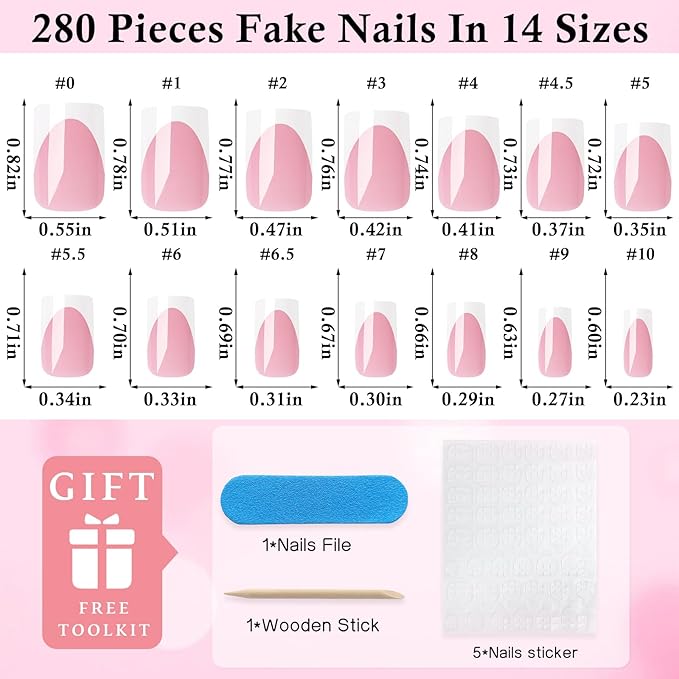 280pc French Tips Press on Nails Medium Square Fake Nail with Glue Tabs, French Tips Glue on Nails Press on Nail Square Acrylic Nails Medium Artificial Fingernails Women Girls Berry Pink False Nails
