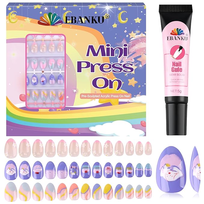 78PCS Kid Press on Nails, EBANKU 3 Pack Children Fake Nail Kit Full Cover Short False Fingernails with Nail Glue for Girl Nail Decoration（Cake）