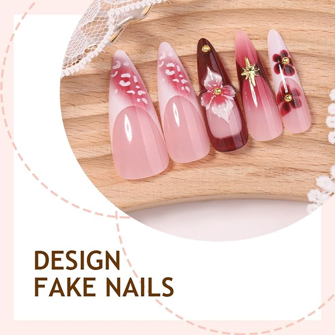 Press on Nails Long Almond Fake Nails French Tip Artificial Nail 3D Flowers Stick on Nail for Women 24pcs