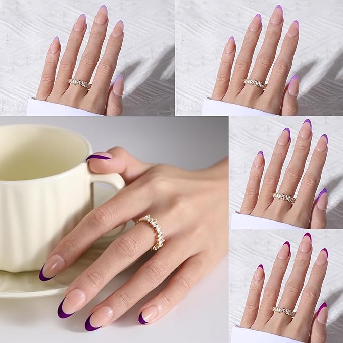 Purple French Gel Nail Tips, 150Pcs Short French Tip Press on Nails, Pre-Matte Full Cover Almond Acrylic Fake Nails, Soak off False Nail Tips for Women Nail DIY Extension 15Sizes