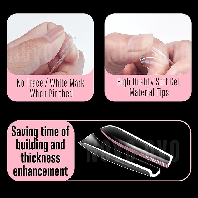 NOVO OVO Long Square Nail Tips NATURAL (Not SCULPTED) for Flat Nail Beds, Extra Thick L Length False Nails Press on, Full Cover Soft Gel Fake Nail Extension, Salon DIY x 15 Sizes 450 pcs