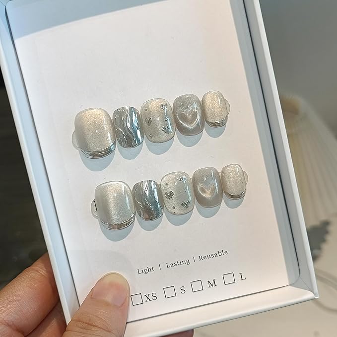 Press on Nails Short Squoval Square, Diamond Dust Hearts Holographic False Nails,Cat Eye Glow Glue on Nails,Icy Shimmer Fake Nails Kit,Luxe Sweet Ins Design False Nails with Tools 10pcs(M)