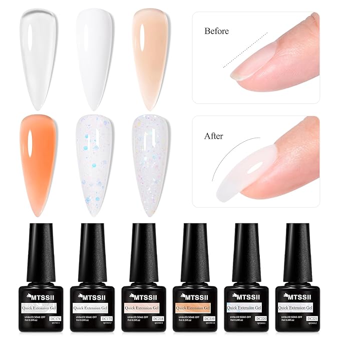 MTSSII Builder Nail Gel Kit: 6 Colors Thickening Builder Nail Gel Clear White Nude Glitter Nail Strengthener Soak Off UV Extension Gels with 100PCS Forms Brush Pen Manicure Tools Home Salon DIY