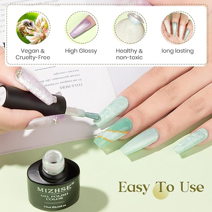 MIZHSE Pearl Gel Polish, Mermaid Glitter Nail Gel Polish 2-IN-1 Shiny Shell Thread Drawing Soak Off U V LED Nail Gel for Nail Salon Home DIY Manicure 1PC 10ml
