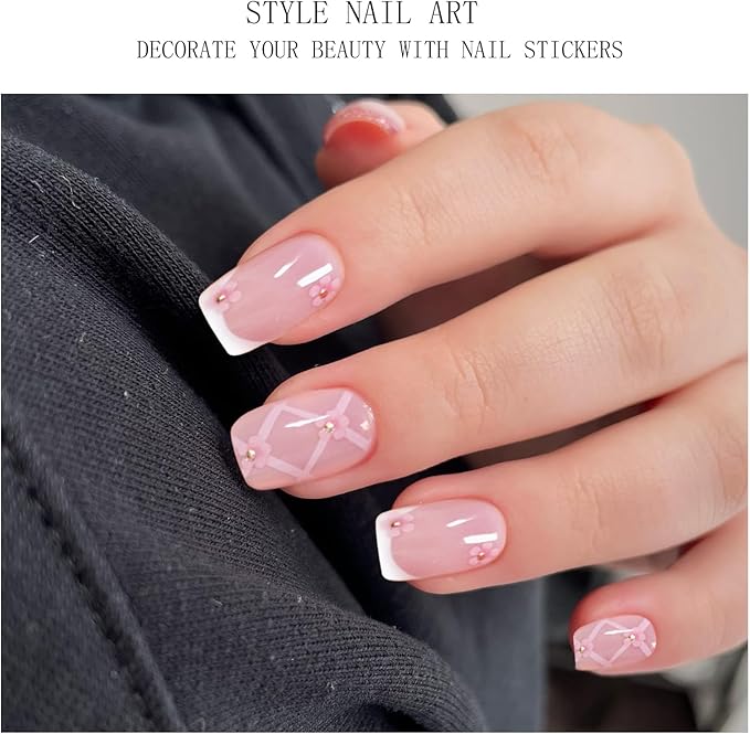 JMEOWIO Gel Nail Stickers French Tip White Pink Flower Semi Cured Gel Nail Strips Wraps UV/LED Nails Art Design Decoration Accessories