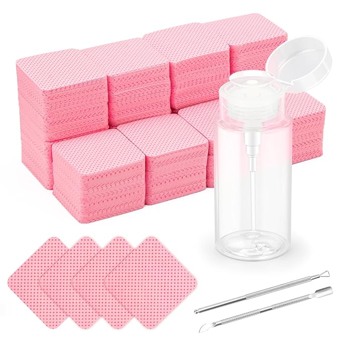 1080 + 3 Pcs Lint Free Nail Wipes Kit, Disposable Nail Polish Remover Pads Non-Woven Nails Eyelash Extensions Wipes, Nail Polish Remover Wipes with 200 ML Bottle, 2 Pcs Cuticle Pusher (Pink)